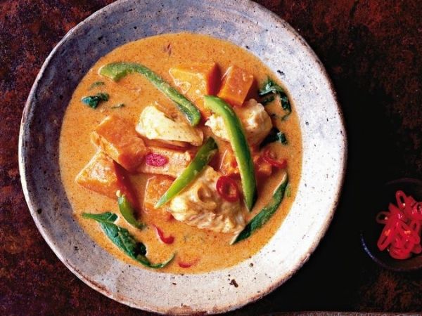 photo shows thai fish and pumpkin soup