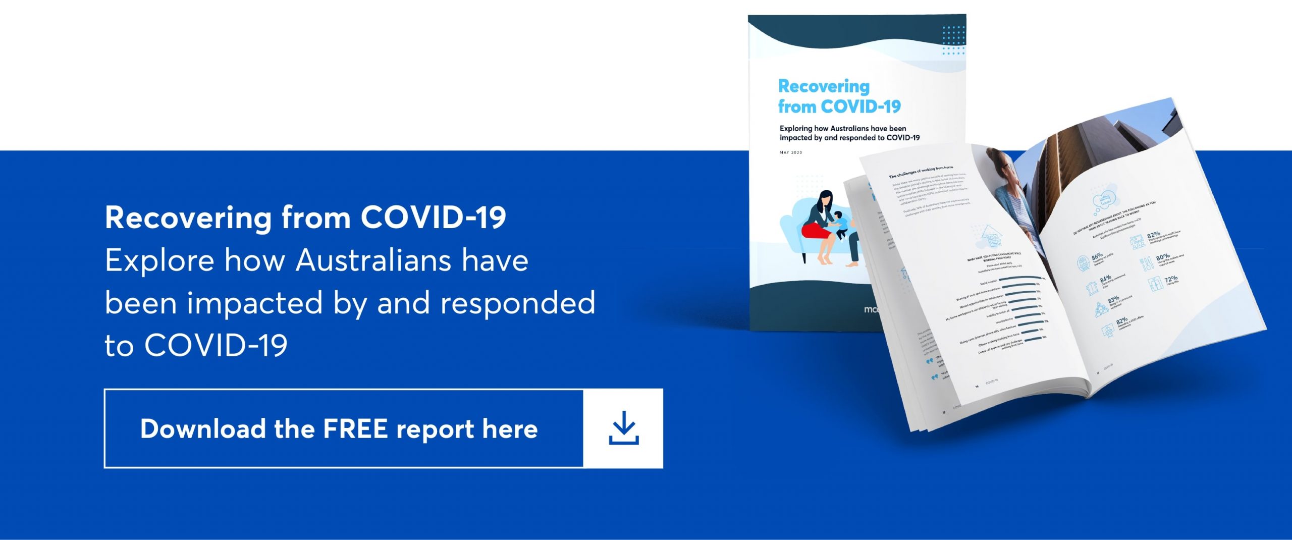 clickable image which says recovering from covid-19. explore how australians have been impacted by and responded to covid-19. download the free report here