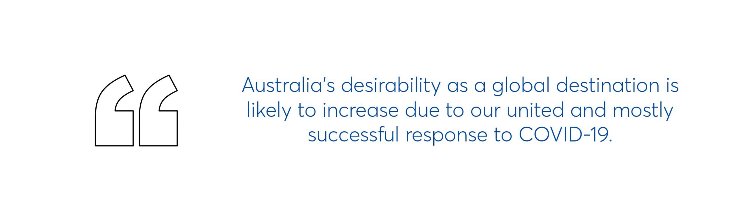 text graphic which reads australia's desirability as a global destination is likely to increase due to our united and mostly successful response to COVID-19.