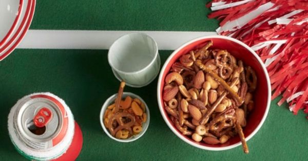 photo shows a bowl of snack mix