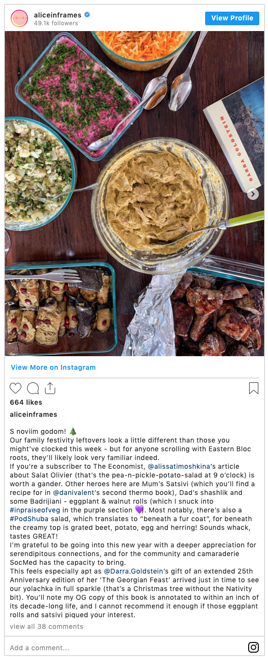 Alice Zaslavsky instagram post of christmas food leftovers 