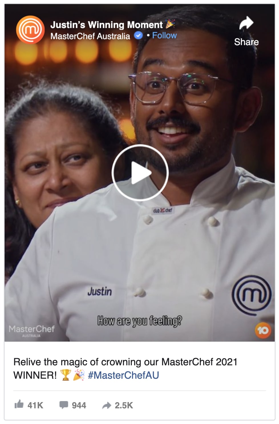 justin's winning moment on masterchef australia 2021