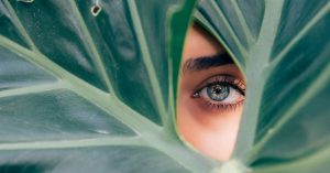woman's eye peering between leaves