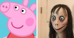 Images of the ‘Momo’ character (right) have been reported as appearing in children’s videos of characters like Peppa Pig (left)