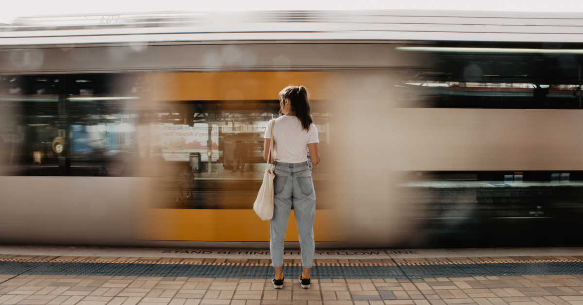Woman catching train