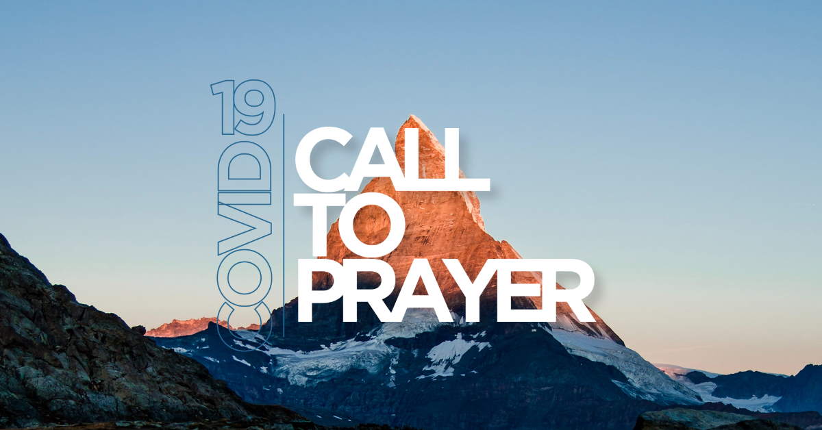 The words COVID-19 and Call to Prayer with Mountain in the background