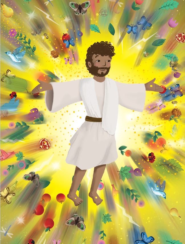 An illustrated image of Jesus surrounded by flora and fauna