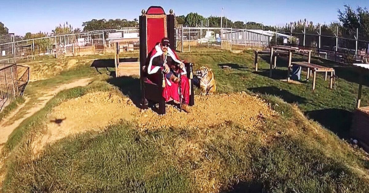 photo of the iconic episode end scene of joe exotic aka tiger king sitting on a throne on a hill
