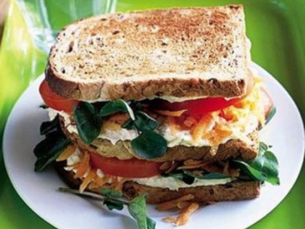 photo shows a vegetarian club sandwich
