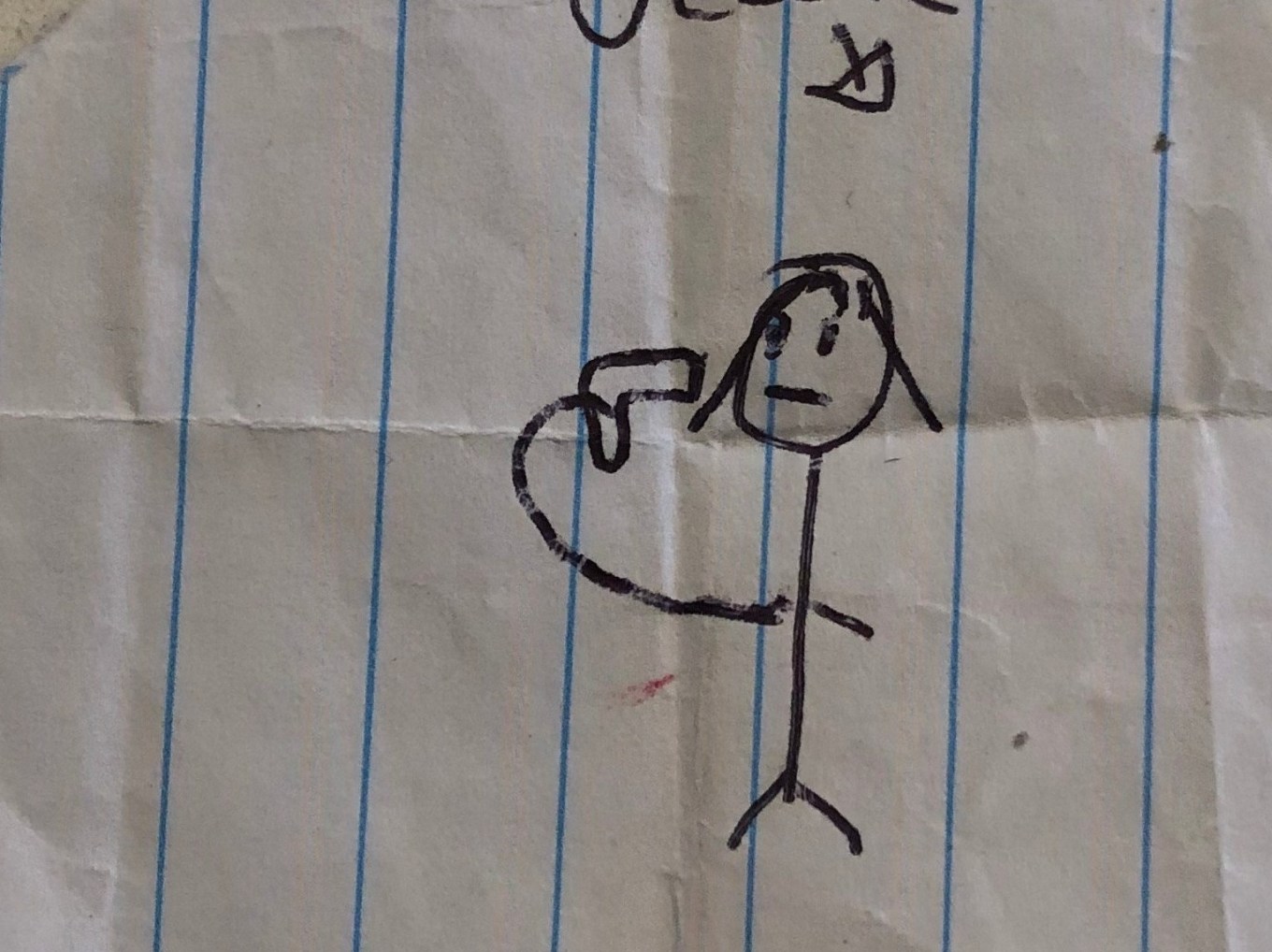 drawing depicts a stick figure holding a gun at his head