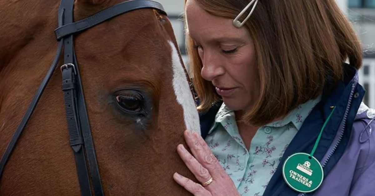 film still of toni collette who plays Jan Vokes with her horse