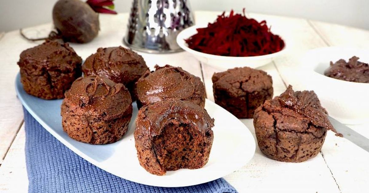susan joy's chocolate and beetroot cupcakes on a white dish